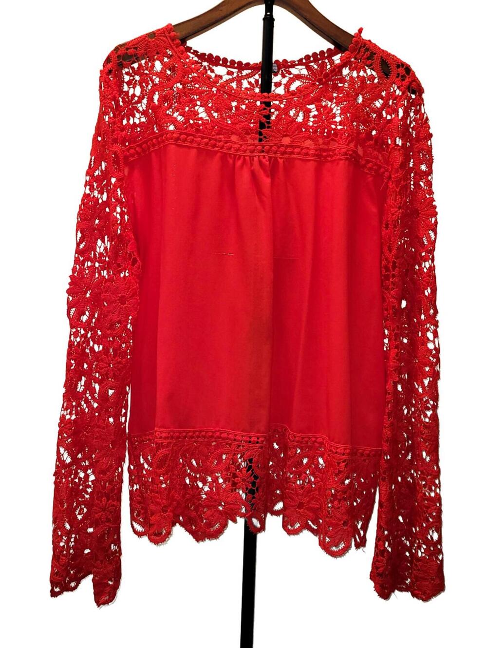 Red Lace Long Sleeve Blouse Womens Size 2x